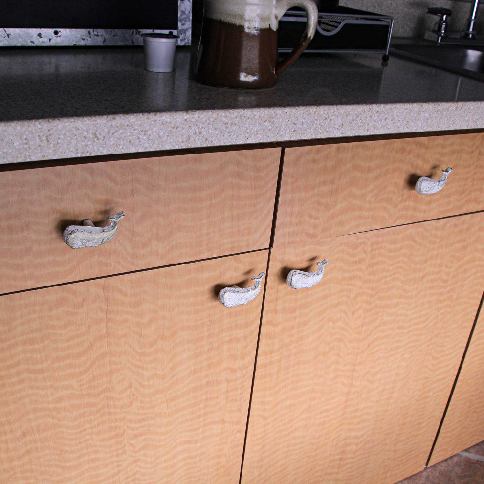 White Cast Iron Whale Drawer Pull Decorative Nautical Cabinet Knobs Set of 6