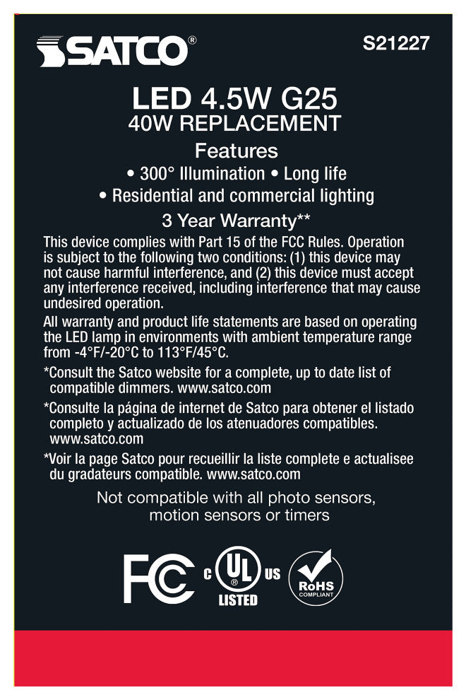 4.5W G25 LED, Clear, Medium Base, 90 CRI, 3000K, 120V