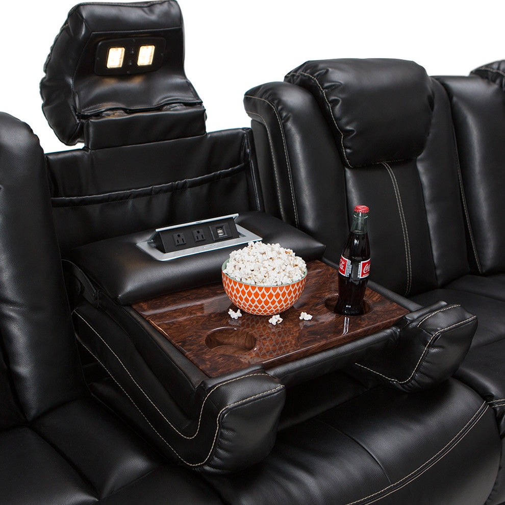 Seatcraft Republic Leather Home Theater Seating Power Sofa, Black