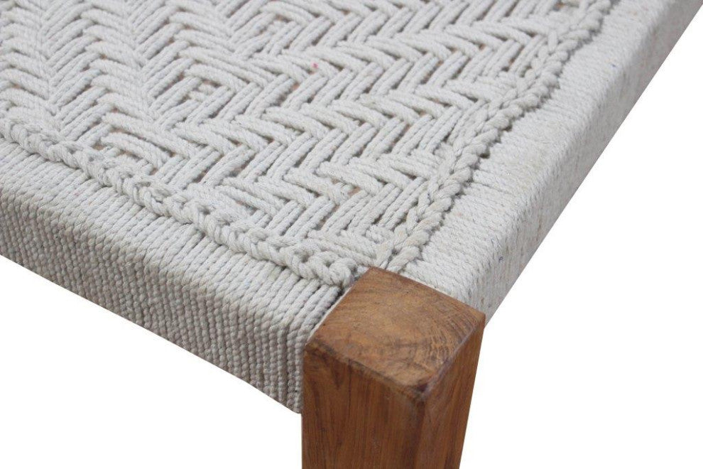 2- Piece Set: Teak Solid Wood Benches with Ivory Jute Upholstery