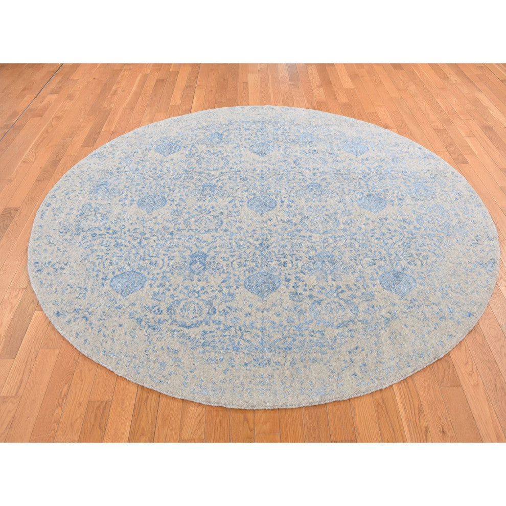 Taupe Color Jacquard Hand Loomed Wool and Art Silk Round Rug 7'10" x 7'10"