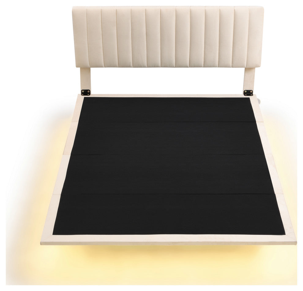 Gewnee Queen Size Upholstered Bed with Sensor Light and Headboard in Beige