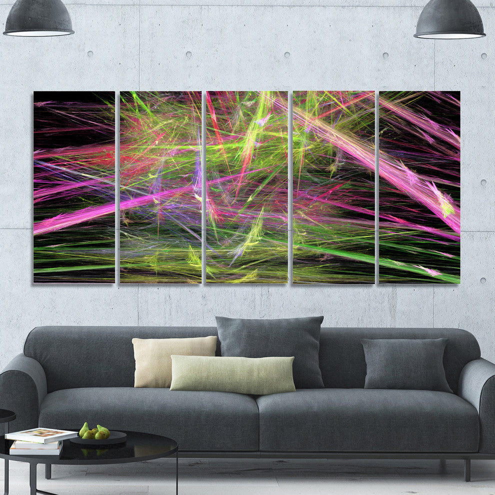 Green Pink Magical Fractal Pattern, Abstract Canvas Wall Art, 60"x28", 5 Panels