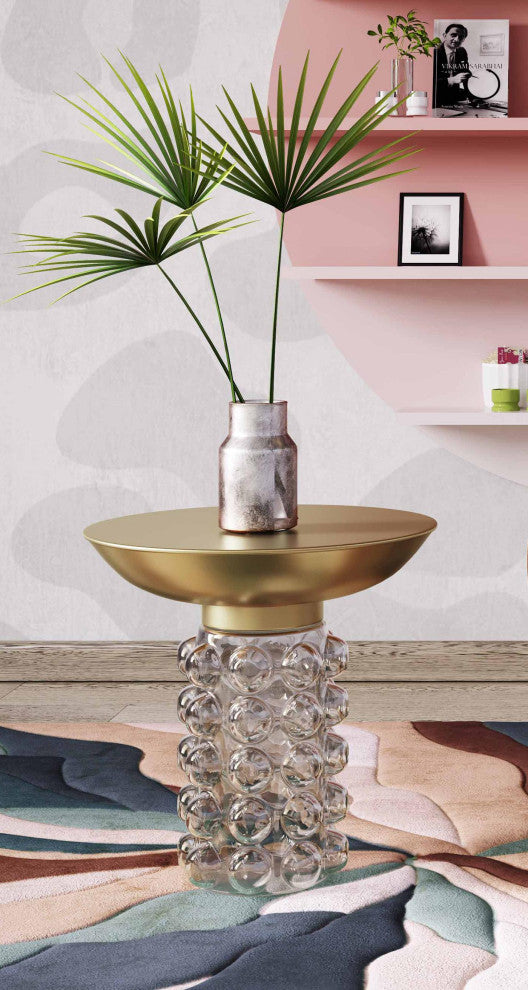 Glass Side Table, Brass Gold End Table, Modern Eclectic Accent Table, Round Top