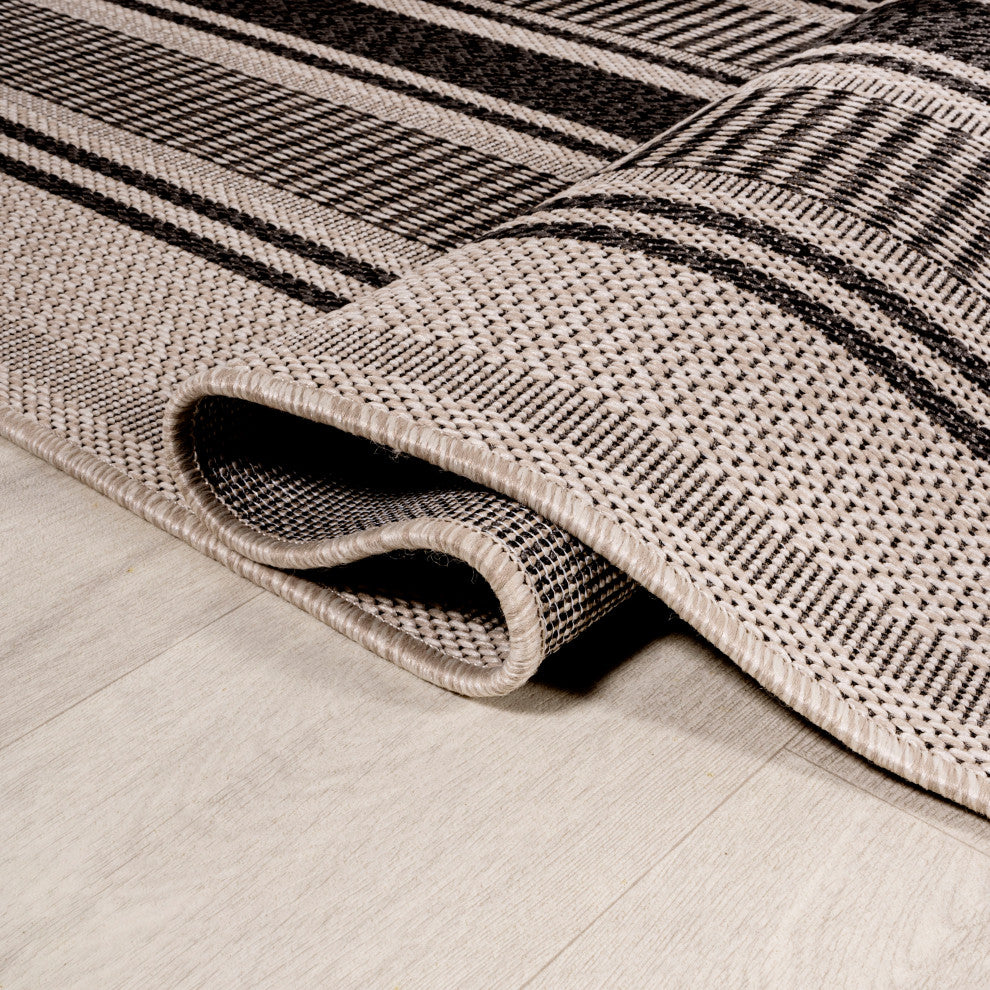 Haynes Modern Double Stripe Indoor/Outdoor Area Rug, Black/Beige, 3x5