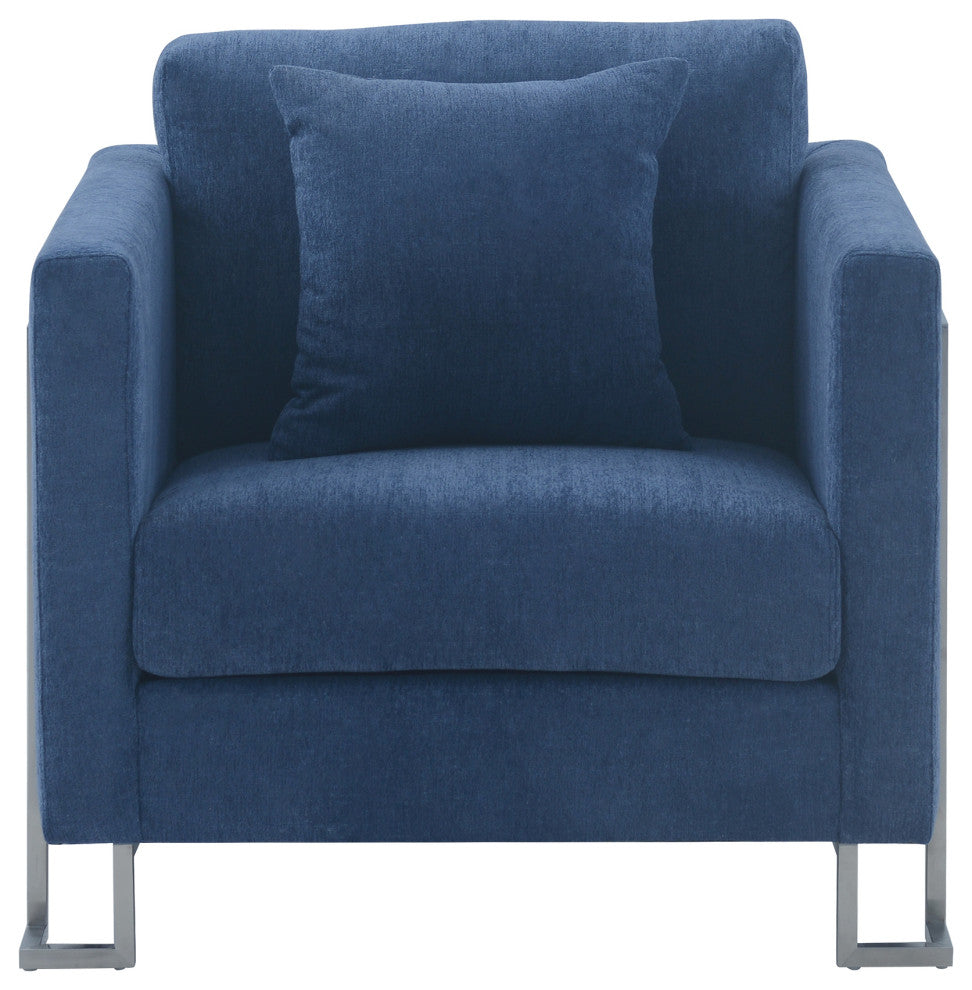 Heritage Blue Fabric Upholstered Accent Chair with Brushed Stainless Steel Legs