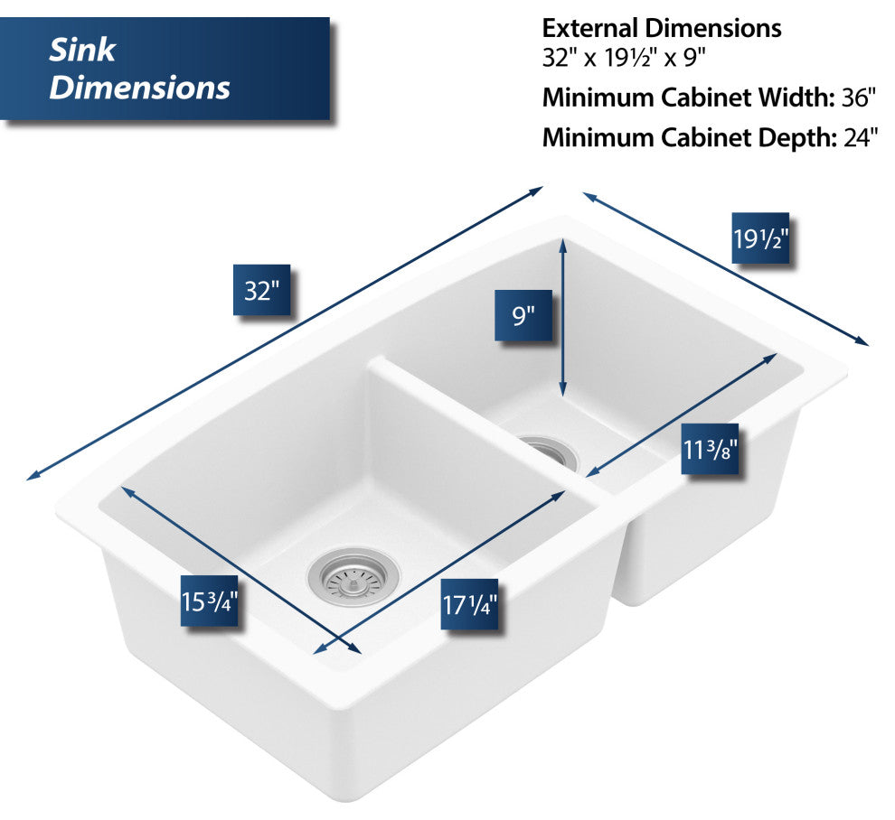 Karran Undermount Quartz 32" 60/40 Double Bowl Kitchen Sink, White
