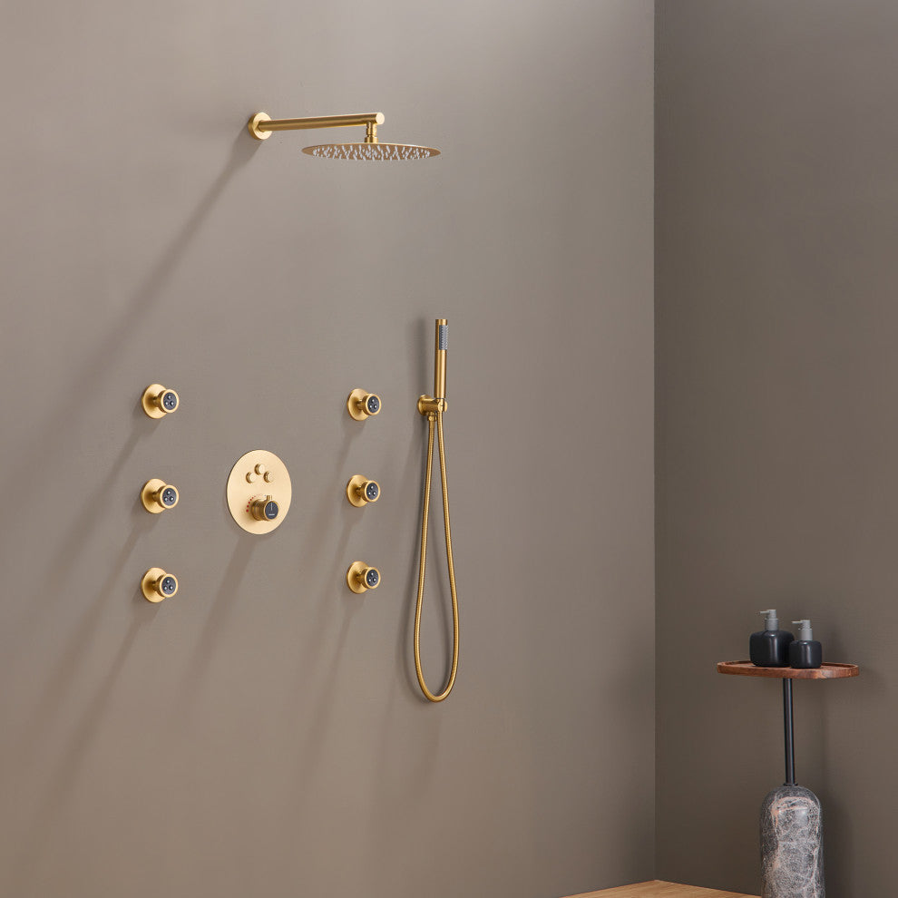 12" Luxury Rainfall Shower System with 3 Way Thermostatic Faucet, Brushed Gold