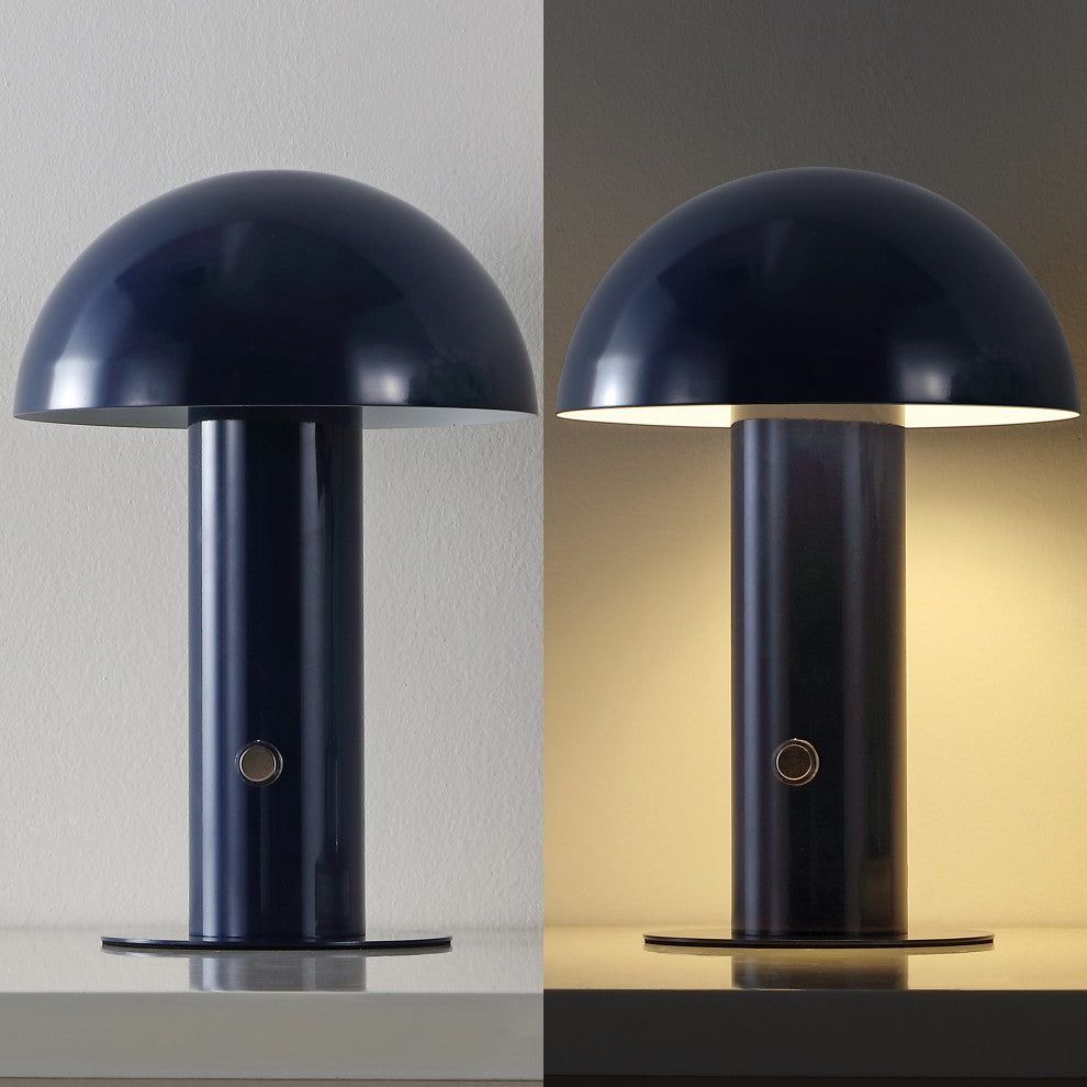 Boletus 10.75" Rechargeable/Cordless Iron LED Mushroom Table Lamp, Navy