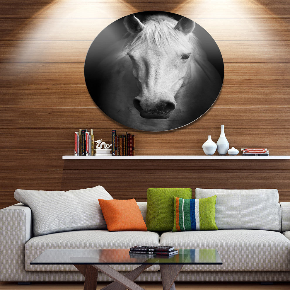 White Horse Black And White, Animal Disc Metal Artwork, 23"