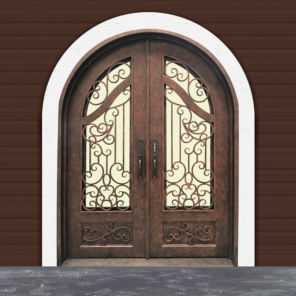 Round Top Baroque-Inspired Dual Door Frame and Threshold 72"x96", Aged Bronze