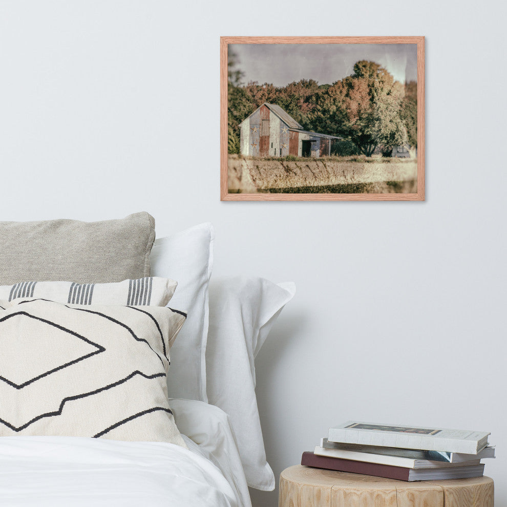 Patriotic Weathered Barn in Field Glass Plate Framed Photo Paper Wall Art Prints, Red Oak, 16" X 20"