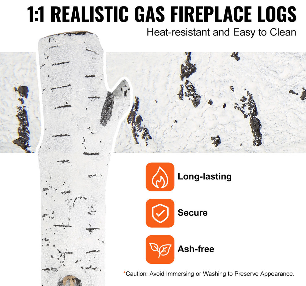 VEVOR 6 Pcs Large Withe Birch Logs Gas Fireplace Ceramic Logs Decorative