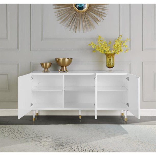 Elegant Sideboard, Geometric Accented Doors & Acrylic Legs With Gold Tips, White