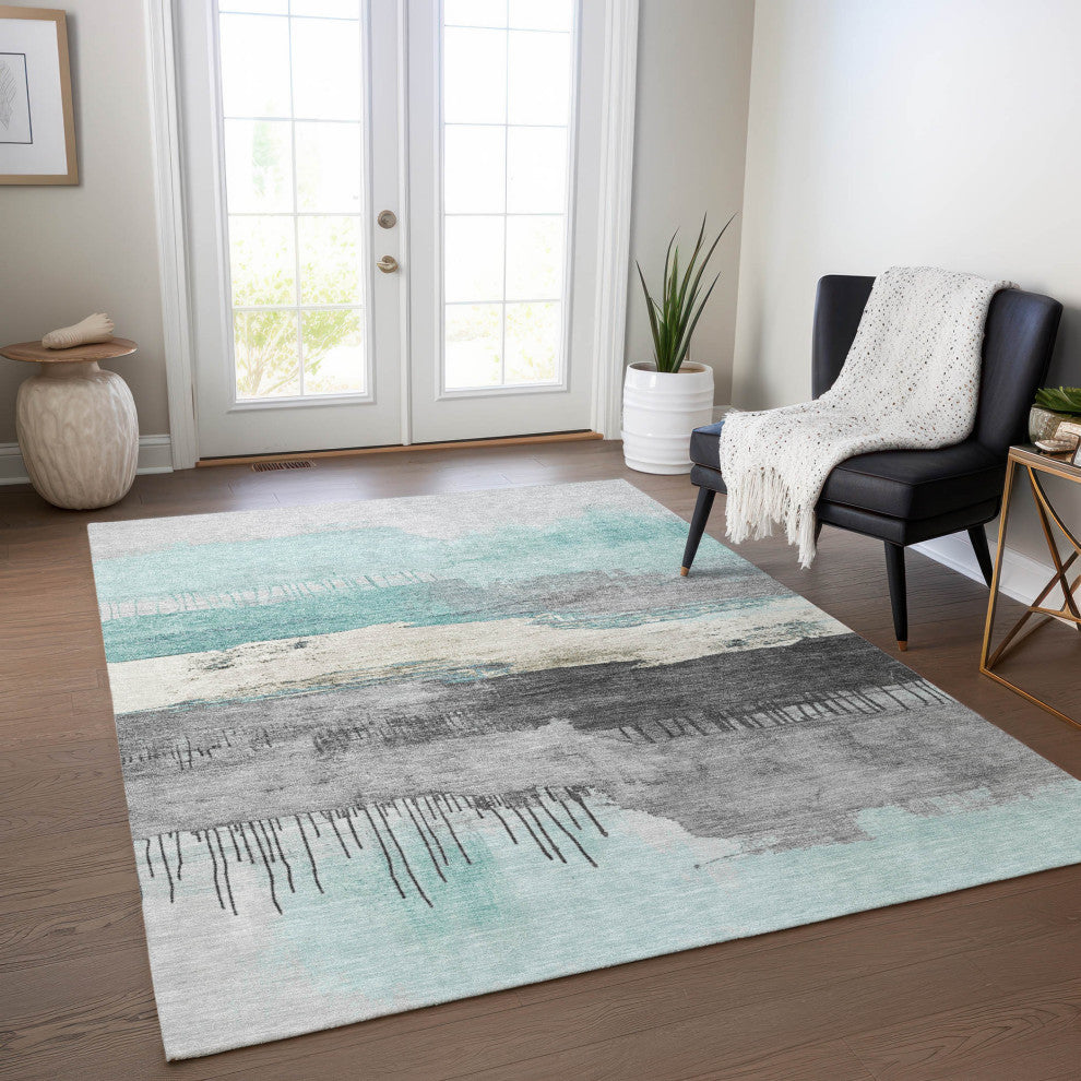 Machine Washable Indoor/Outdoor Chantille ACN1880 Teal 3' x 5' Rug