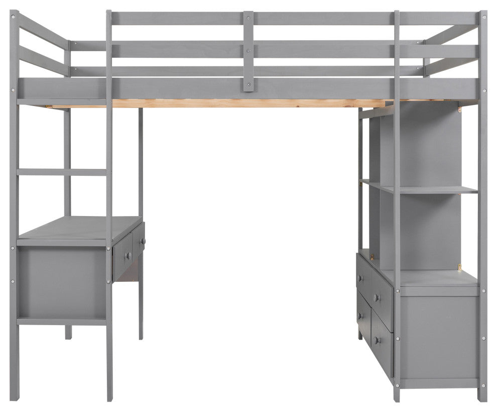 Gewnee Full Size Loft Bed with Built-in Desk with Two Drawers in Gray