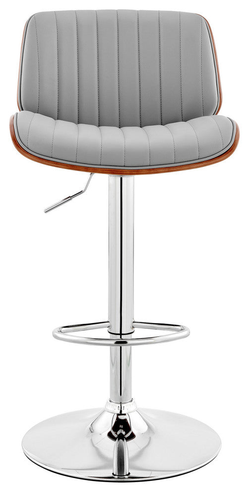 Adjustable Gray Faux Leather Chrome and Walnut Bar Stool