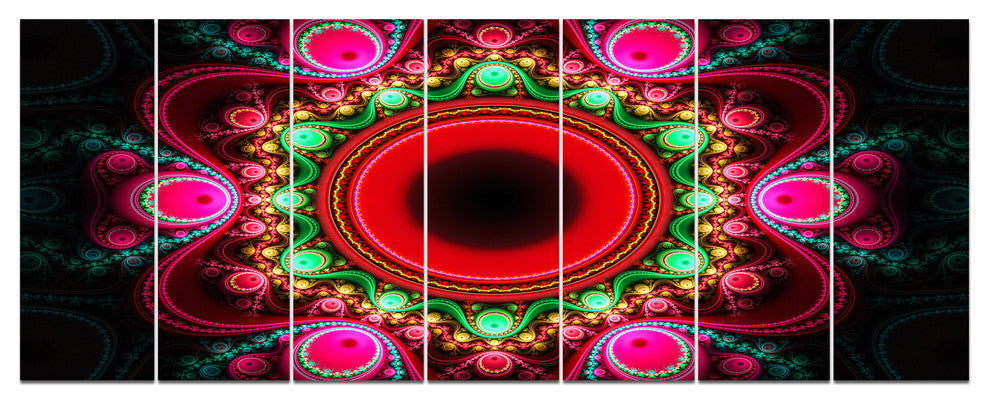 Pink Wavy Curves and Circles, Abstract Canvas Art Print, 83"x32", 7 Panels