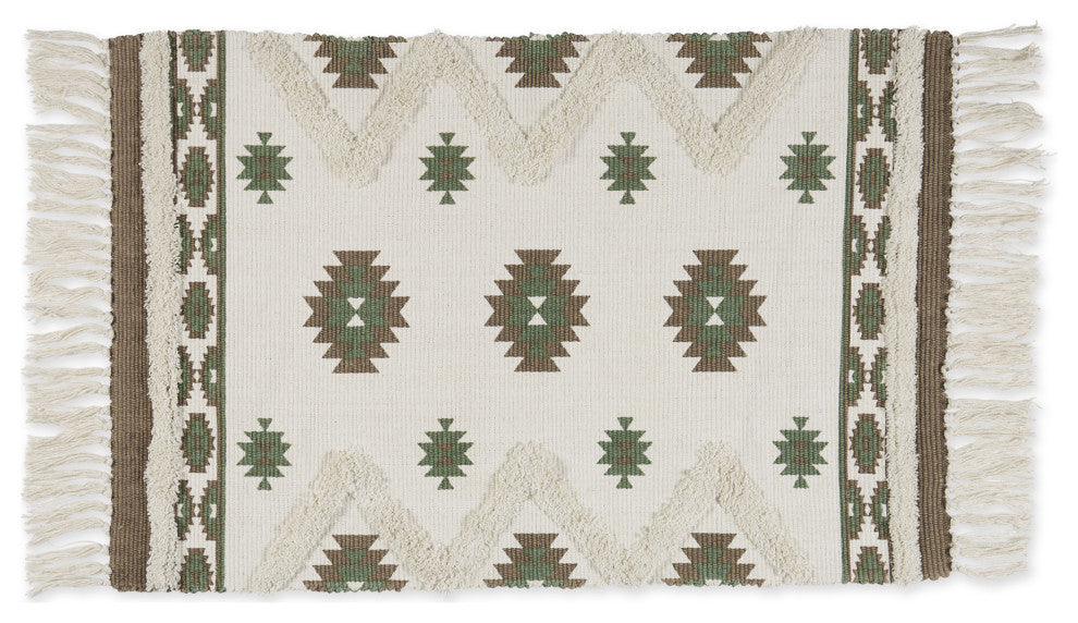 Brown And Green Printed Off-White Hand-Loomed Shag Rug 2x3 ft.