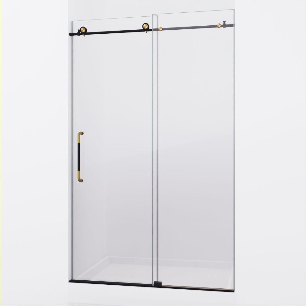 Madam 76-in. x 48-in. Frameless Sliding Shower Door, Matte Black/Brushed Gold