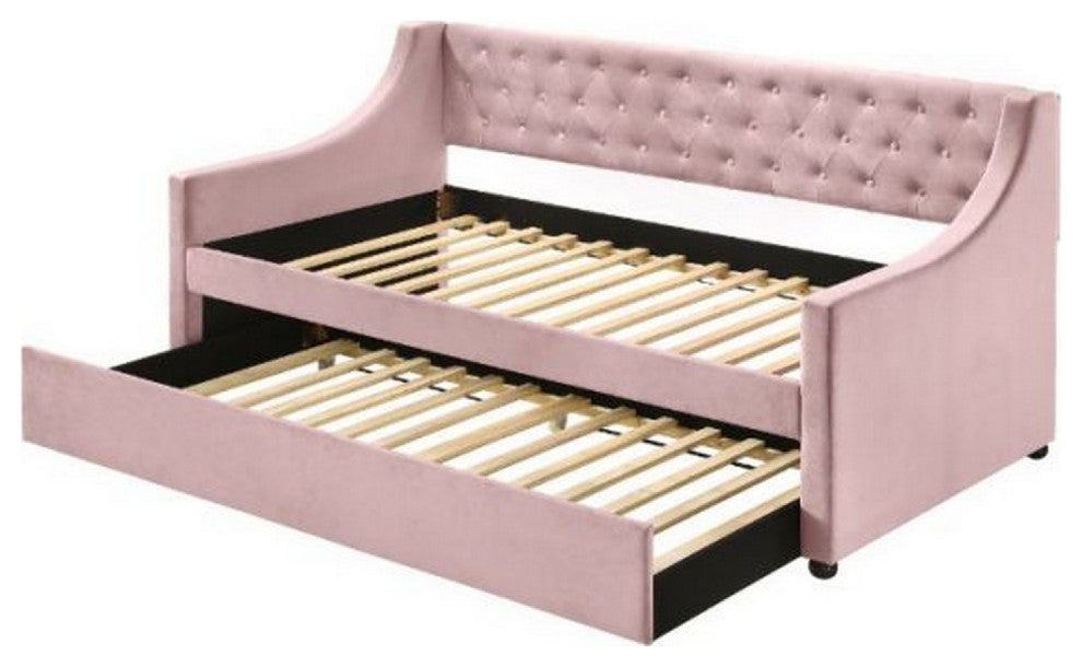 Benzara BM269213 Twin Daybed With Sloped Track Arms and Trundle, Pink