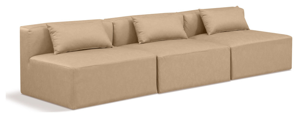 Cube Upholstered Modular Sofa, Tan, 3-Piece: 3 Armless Chair, Vegan Leather