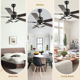 52" Modern Ceiling Fan with 5 Reversible Blades, Remote and LED Light, Black
