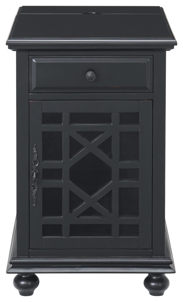 Elegant Chairside Table with Charging Station, Antique Black