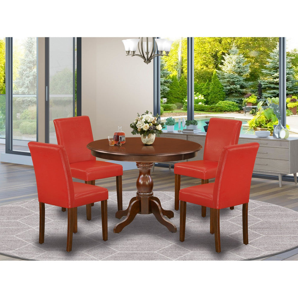 5 Pc Dining Set, Mahogany Small Table, 4 Firebrick Red Pu Leather Chairs