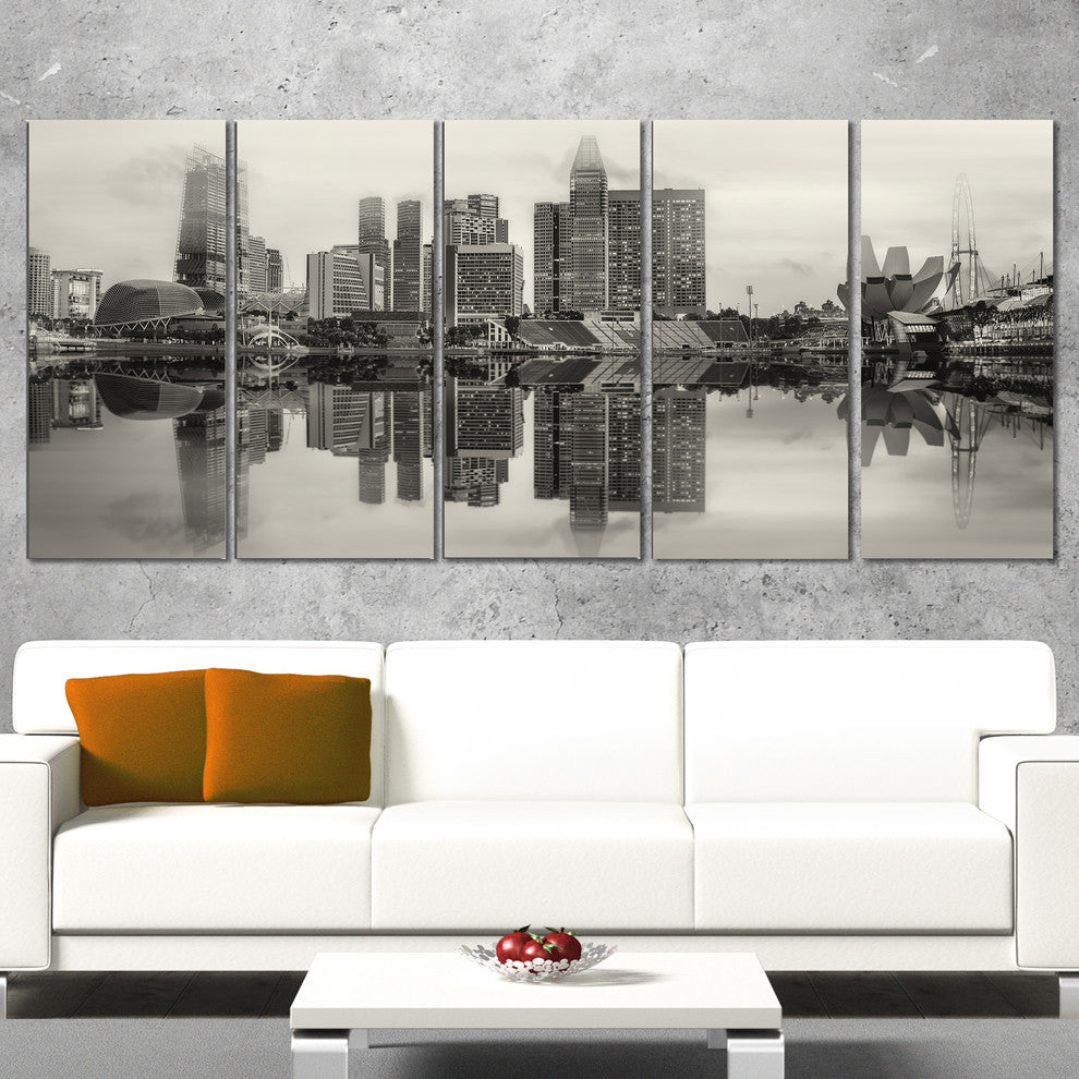 "Singapore Skyline View Panorama" Cityscape Artwork Canvas, 5 Panels, 60"x28"