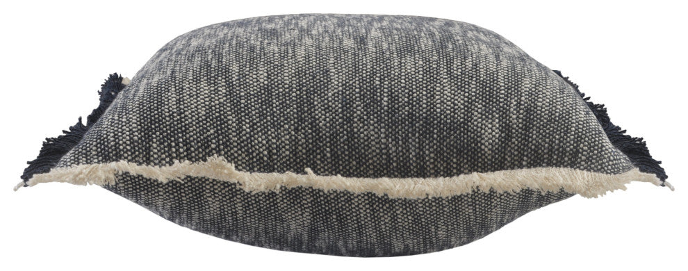 Two-Tone Cotton Throw Pillow with Fringe, Dark Blue, 20" X 20"