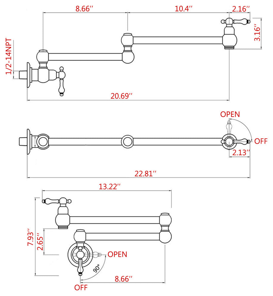 Double Handle Wall Mounted Pot Filler Kitchen Faucet with Double Joint Swing Arm