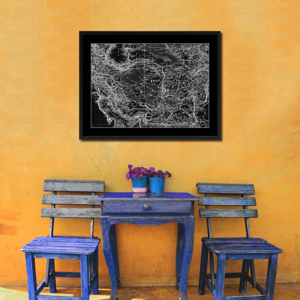Iran, Afghanistan Old Monochrome Map Print On Canvas With Black Frame, 28" X 37"