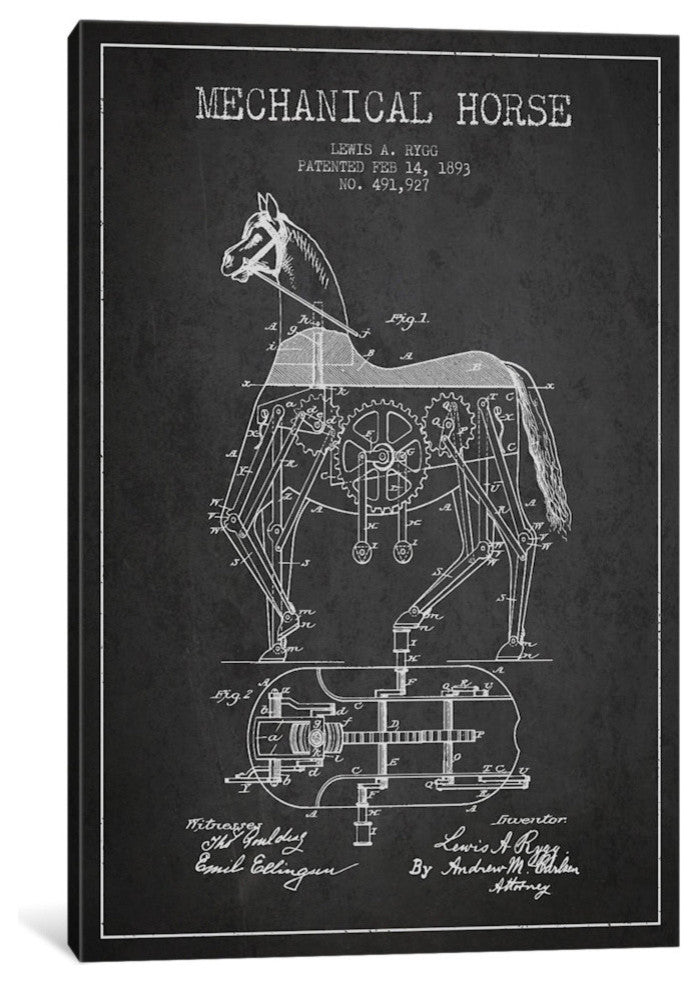 "Mechanical Horse Dark Patent Blueprint" by Aged Pixel, 26x18x1.5