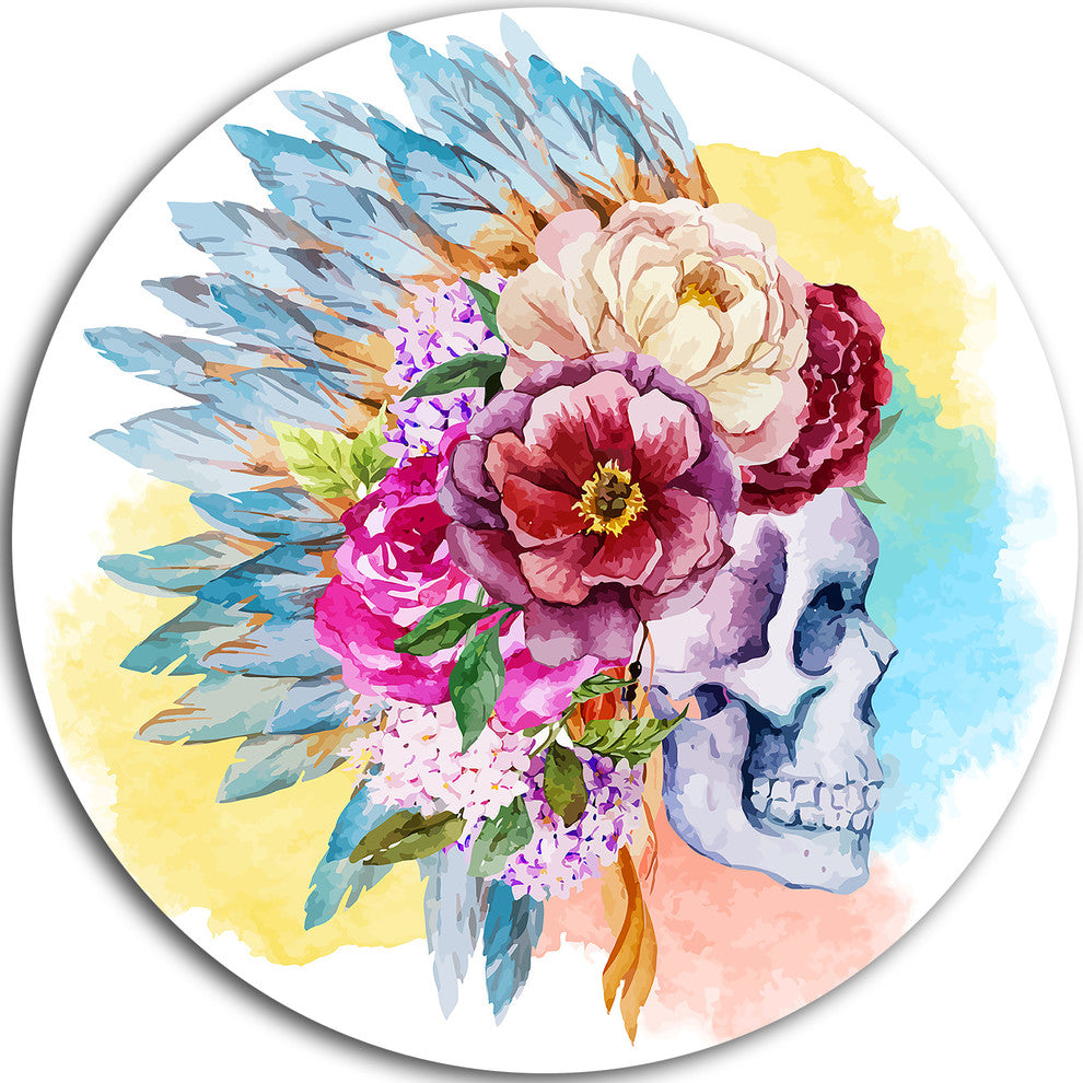 Skull And Flowers, Digital Floral Round Metal Wall Art, 36"