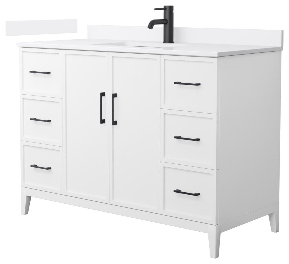 Elan 48" Single Vanity, White, White Quartz Top, 1-Hole, Black Trim