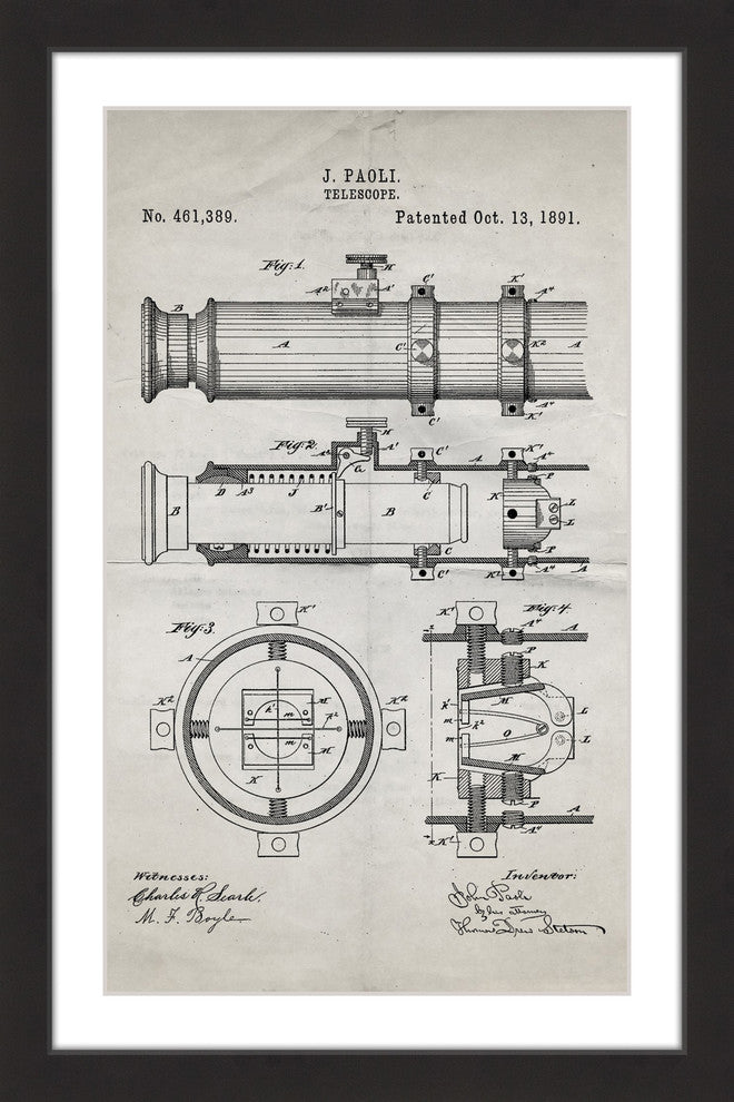 "Telescope 1891 Old Paper" Framed Painting Print
