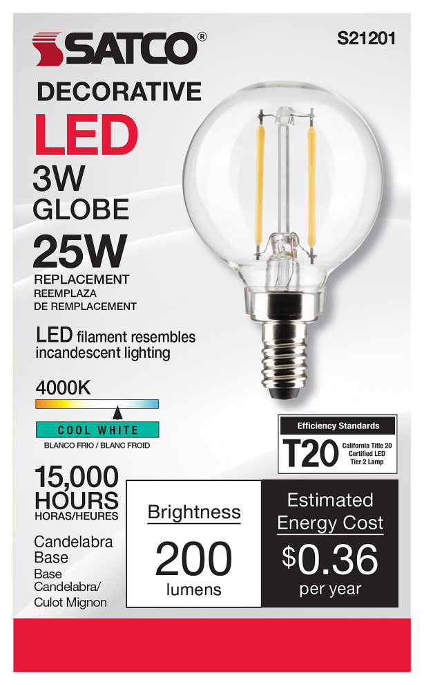 3W G16.5 LED, Clear, Candelabra Base, 90 CRI, 4000K, 120V