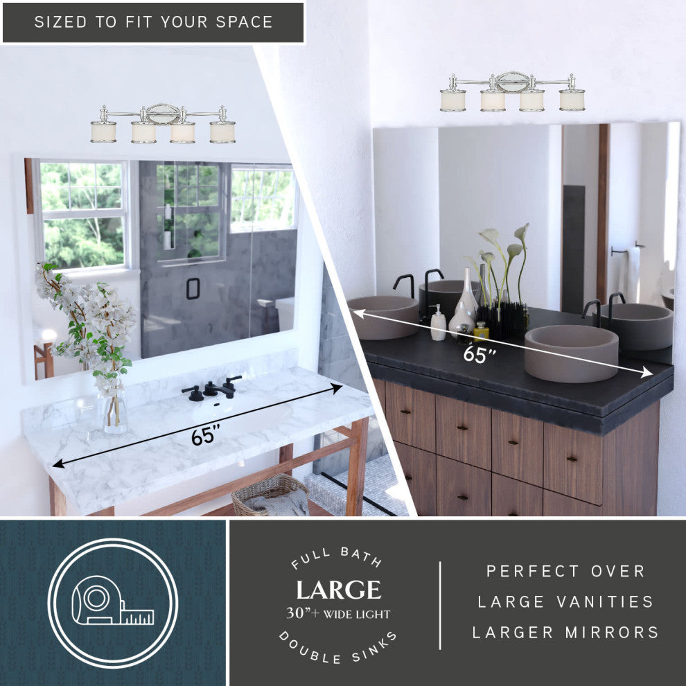 Carlisle Vanity Light, Chrome, White Frosted Opal Glass, 4-Light