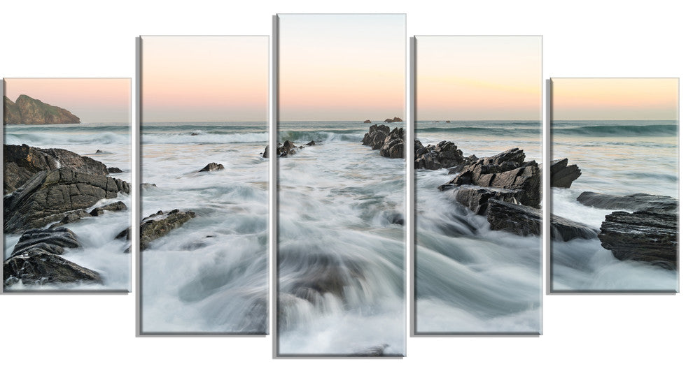 "Waves Hitting Beach At Sunrise Atlantic" Seascape Wall Art, 5 Panels, 60"x32"