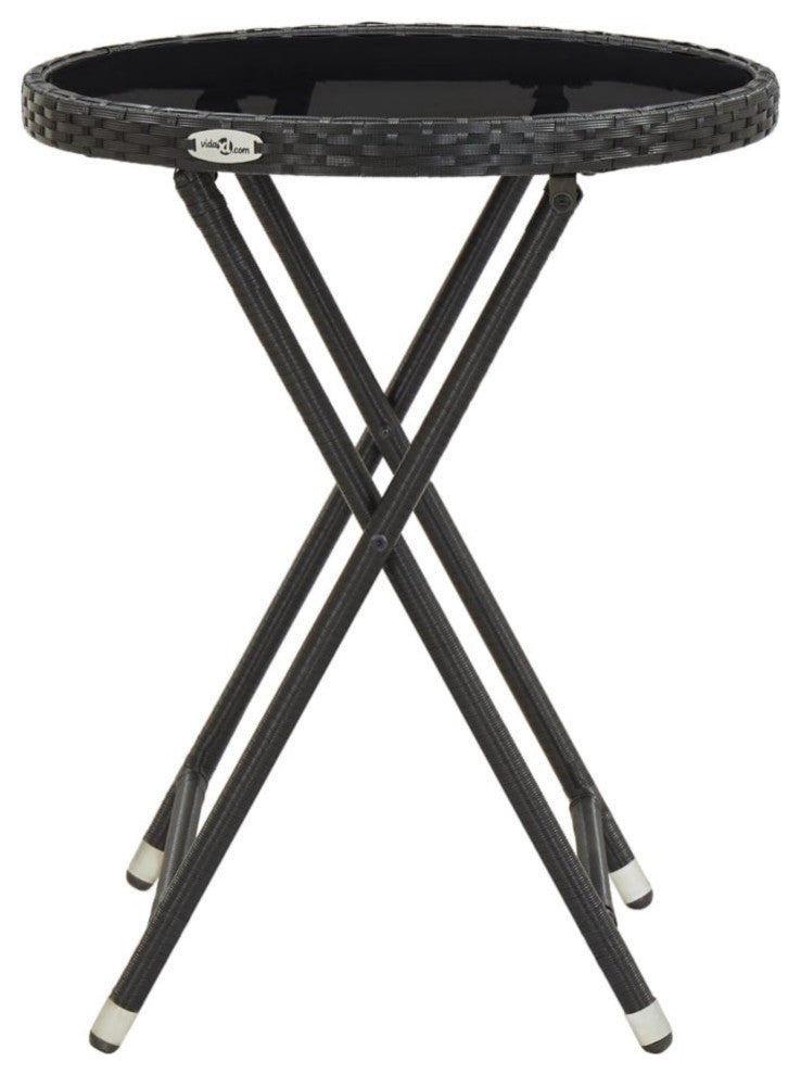 Vidaxl Tea Table Black 23.6" Poly Rattan and Tempered Glass