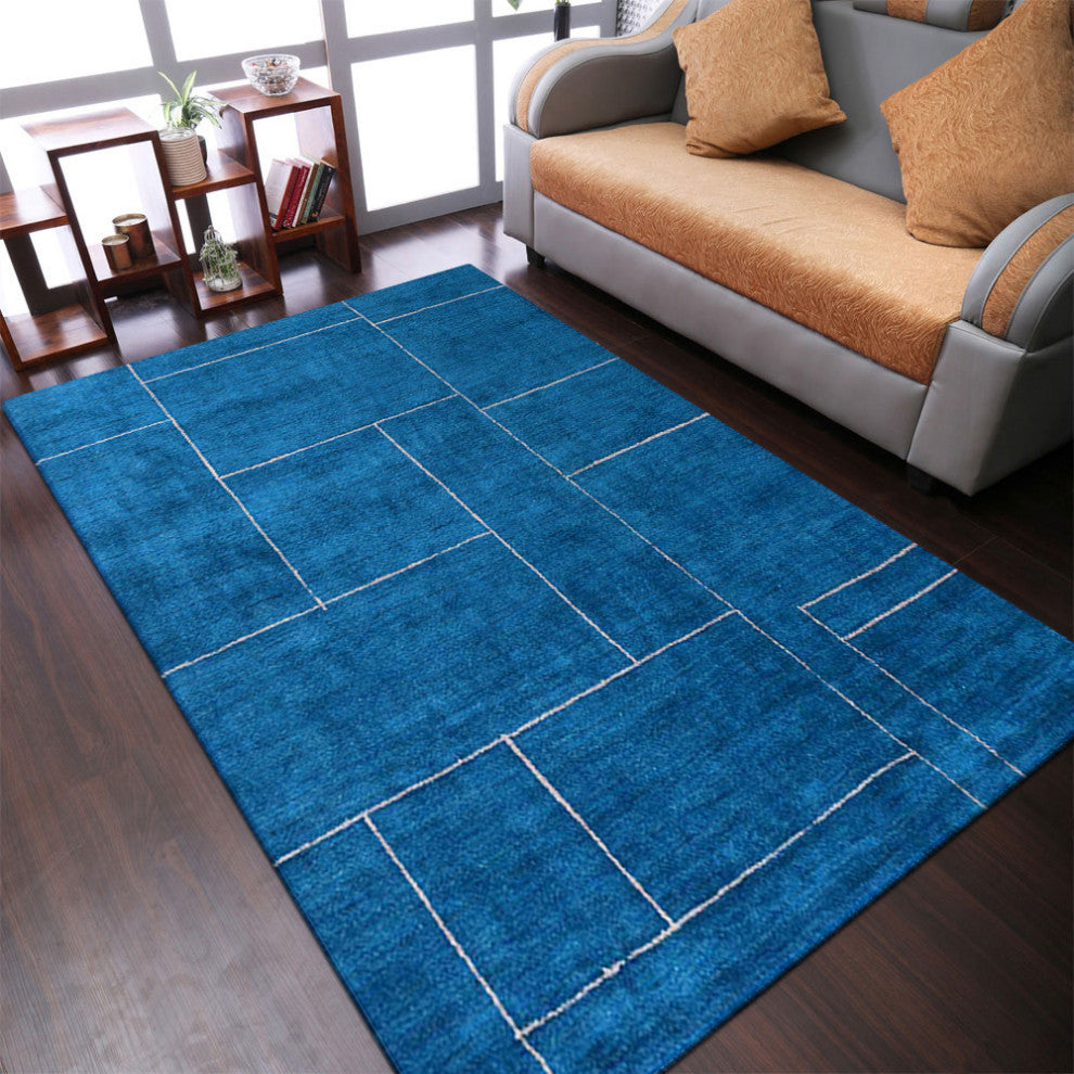 HAND KNOTTED LOOM SILK ECO-FRIENDLY AREA RUGS-Rectangle,Blue Beige,Geometric