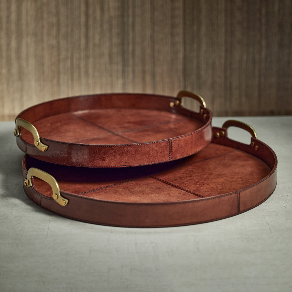 Harlow Leather With Brass Handles Round Tray, Almond Brown, Small- 20"