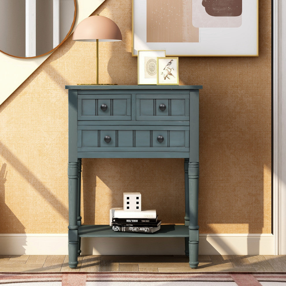 Narrow Console Table with Three Storage Drawers, Navy