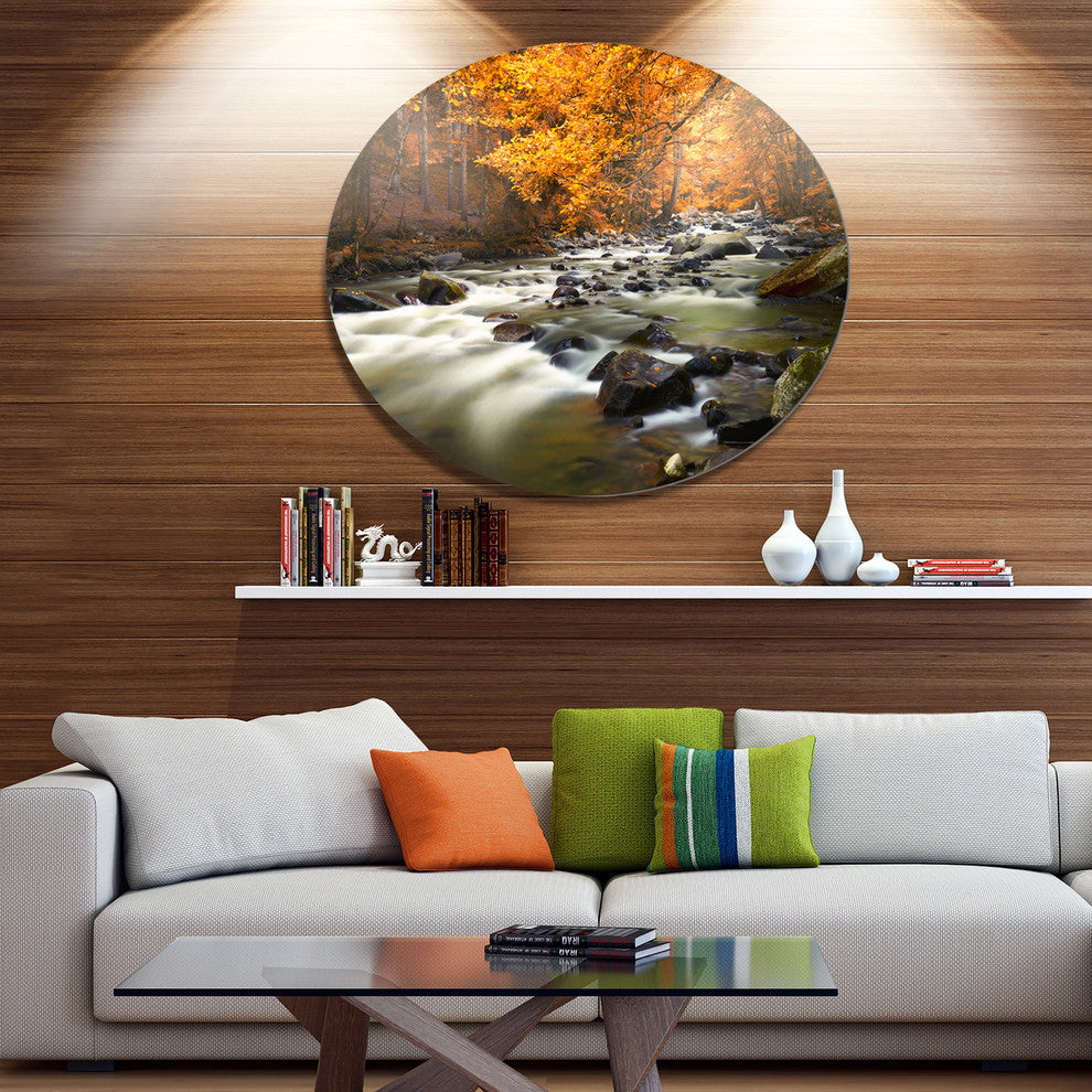 Autumn Terrai With Trees And River, Landscape Round Metal Wall Art, 23"