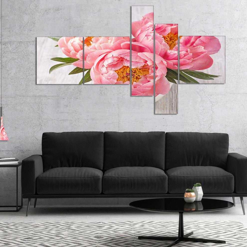 Peony Flowers on White Floor, Floral Canvas Art Print, 60"x32", 5 panels