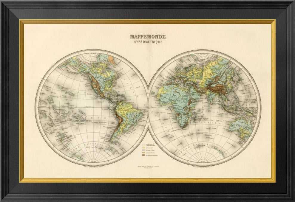 "Mappe Monde, Hypsometrique, 1892" Framed Canvas Giclee by J. Migeon, 26"x18"