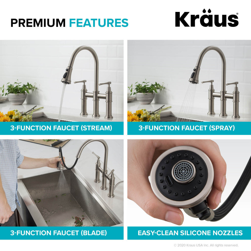 Allyn Traditional 3-Function Bridge Pull-Down Kitchen Faucet Matte Black