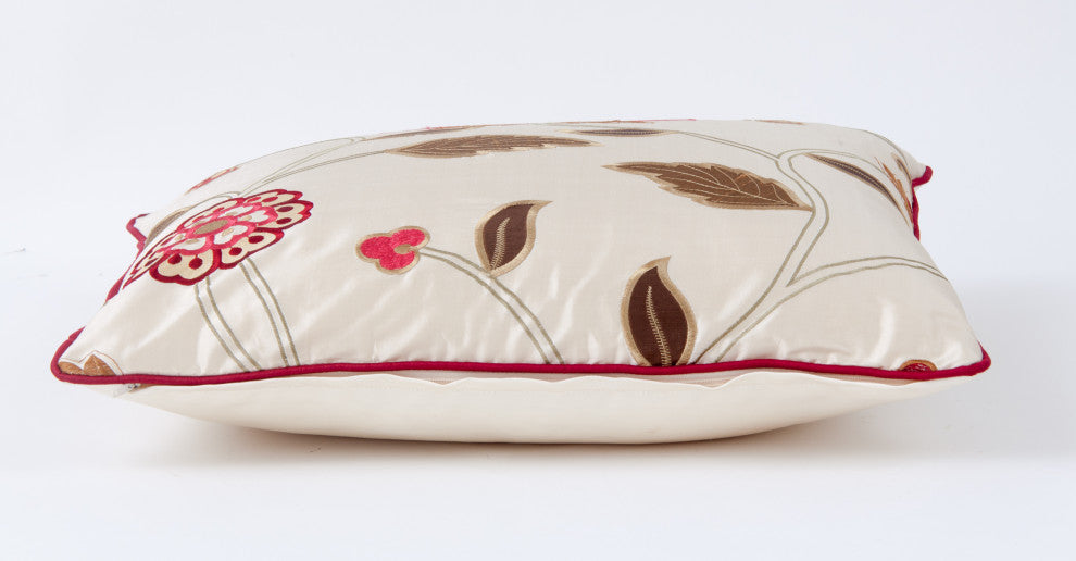 Floral silk accent pillow cover, embroidered silk cover in cream and red , 20x20