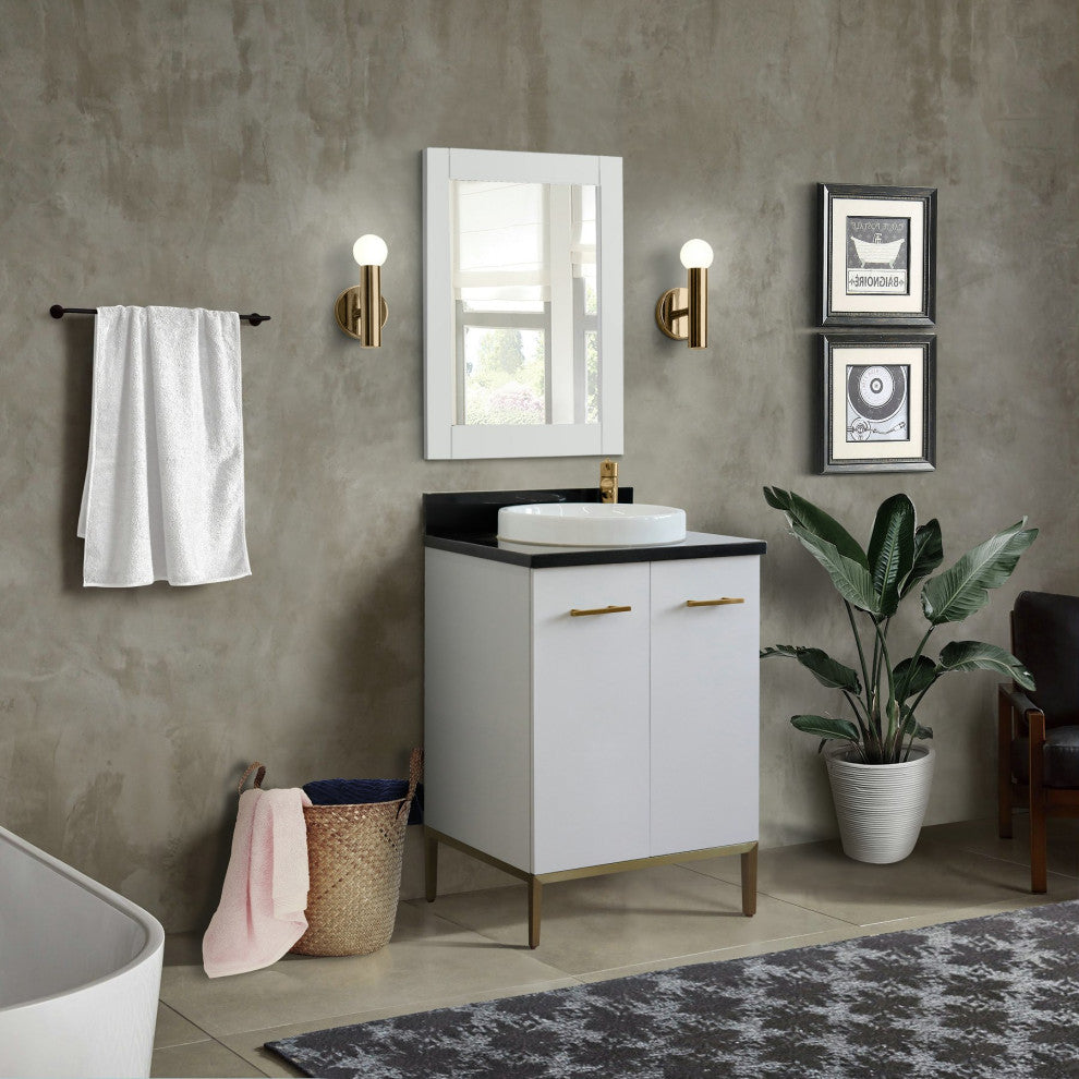25" Single Sink Vanity, White Finish With Black Galaxy Granite And Round Sink